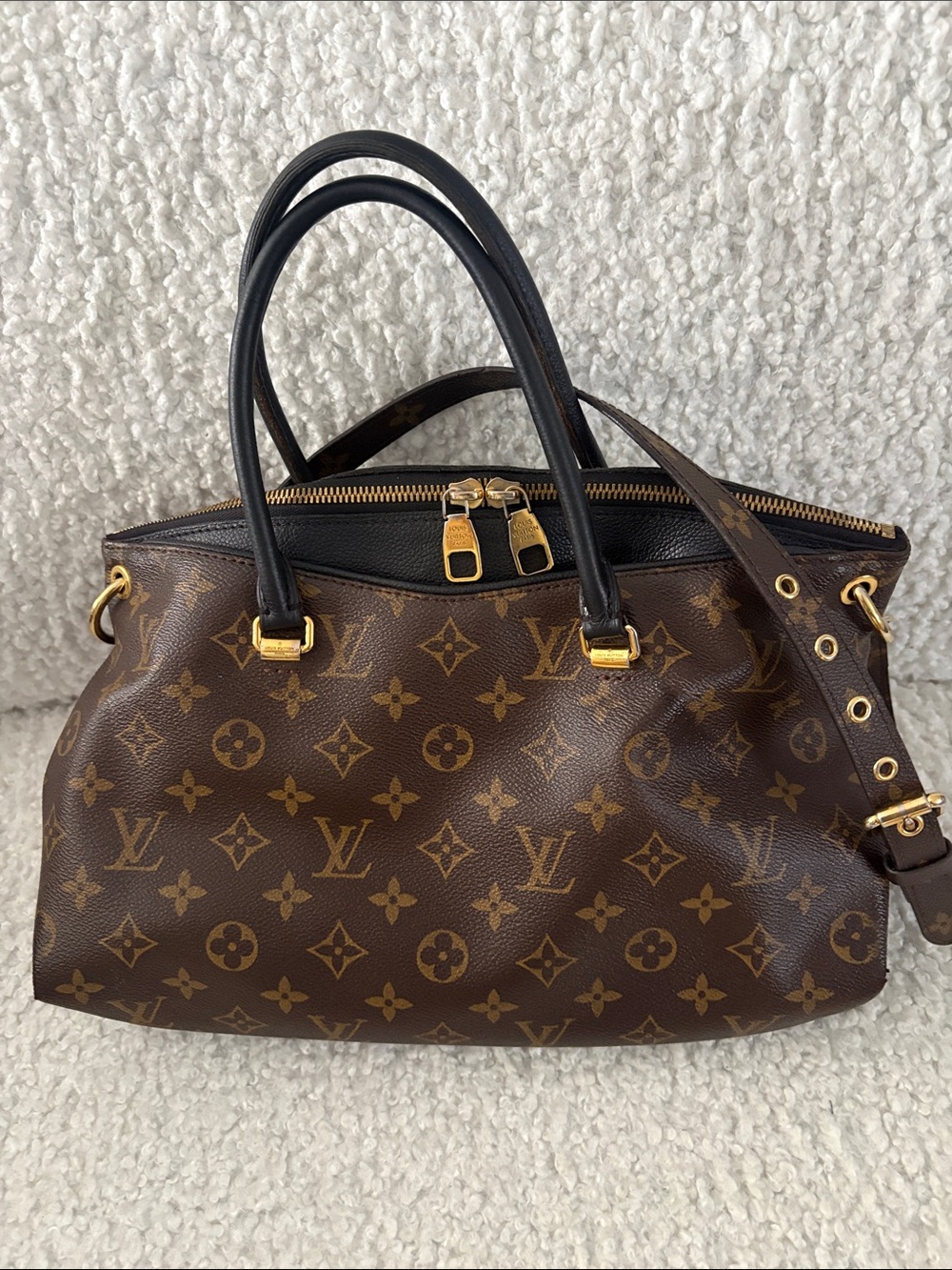 Authentic Louis Vuitton Monogram Pallas MM Satchel- accented with Black